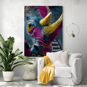 Grand visuel du rhinocéros sur mur clair. Fauteuil blanc avec plaid jaune et coussin beige. Plante verte et table en pierre ajoutent une touche de verdure.