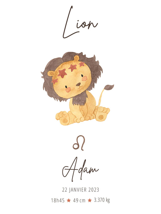 Un adorable lionceau est illustré, avec des étoiles sur son front. Le texte "Lion" est écrit au-dessus de l'image, et en dessous, on trouve le prénom "Adam" suivi de ses informations de naissance : date, heure, taille, et poids. Cette image capture la douceur et la force symboliques du signe du Lion.