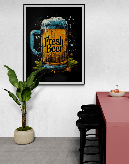 Tableau de bière fraîche au-dessus d'un bar moderne.