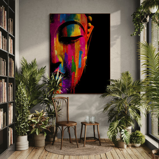 Tableau mural de Bouddha très coloré dans un coin lecture apaisant, entouré de plantes et d’étagères remplies de livres.