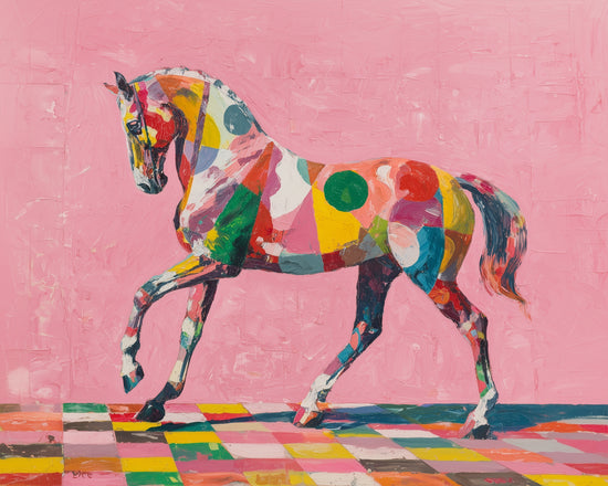 Peinture cheval pop et colorée sur fond rose, œuvre décorative audacieuse et tendance.