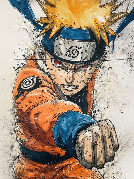 illustration de Naruto montre une scène d’action, Naruto est représenté en pleine attaque avec un poing tendu vers l’avant. avec des couleurs vives comme l'orange et le bleu contrastant avec des éclaboussures de noir et de gris. Le fond texturé et les lignes marquées renforcent l’effet de mouvement et d’énergie.