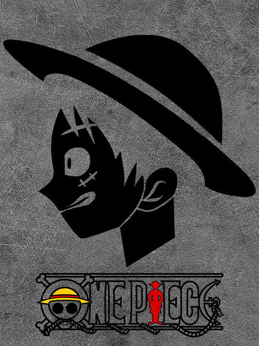 image présente une silhouette noire de Luffy avec son chapeau emblématique sur un fond texturé gris. Le style est minimaliste, avec un logo One Piece en bas, coloré en noir, rouge et jaune pour les détails, contrastant avec l'ensemble sombre.