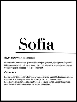 L'image montre un tableau personnalisé avec le prénom  en grand caractères noirs au centre supérieur. Sous le prénom, il y a deux sections :