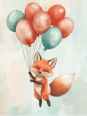Un petit renard roux souriant est suspendu à un bouquet de sept ballons rouges et vert d’eau. Ses yeux sont fermés, ses pattes serrent les ficelles. Le fond pastel bleu et beige crée une atmosphère douce et aérienne.