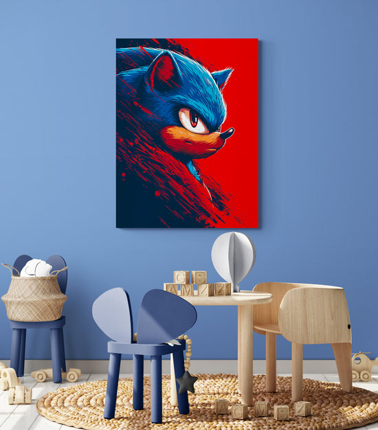 Tableau Sonic, chambre enfant garçon, petite table et chaises, mur bleu, jouets.