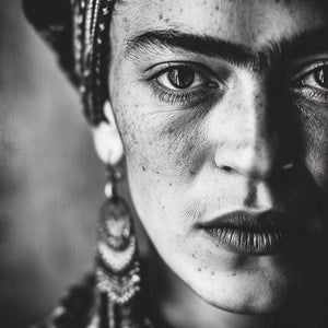 Frida Kahlo – regard de feu en noir et blanc: Moitié de visage cadrée serrée sur l'œil de Frida Kahlo. Sa peau est marquée, ses lèvres sont closes, et la lumière souligne chaque relief. L’ambiance est brute et authentique, sans artifice.