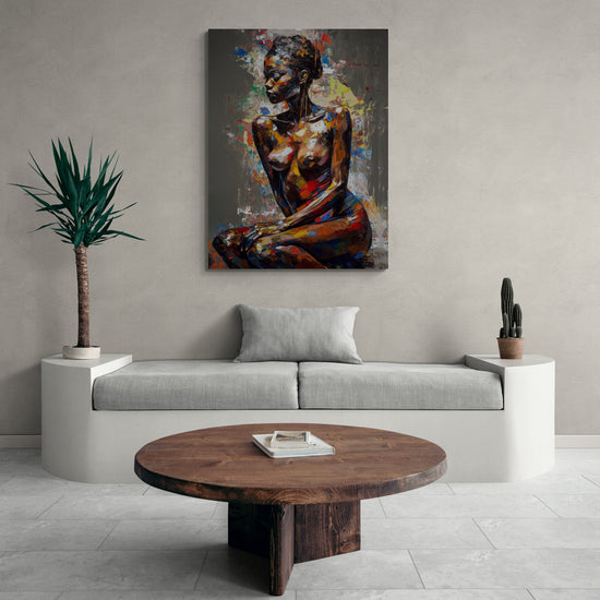 Un salon minimaliste aux tons clairs présente un canapé intégré en béton blanc avec coussins gris clair, surmonté d’une toile expressive représentant une femme noire assise. Une table basse ronde en bois brut et des plantes en pot complètent cette ambiance méditerranéenne chic et épurée.