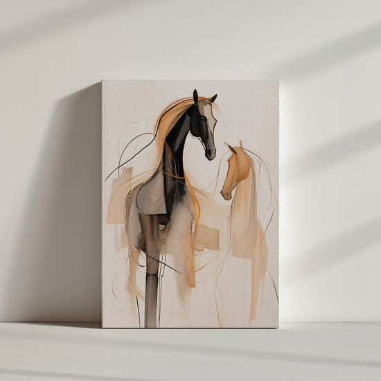 tableau abstrait de cheval en beige et noir.