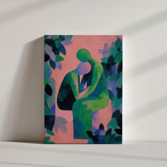 Tableau abstrait couple enlacé tons verts bleus rose ambiance minimaliste mur blanc