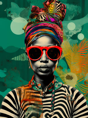 Cette toile affiche une femme africaine au turban vibrant et lunettes de soleil rouges, dégageant une forte présence de style.
