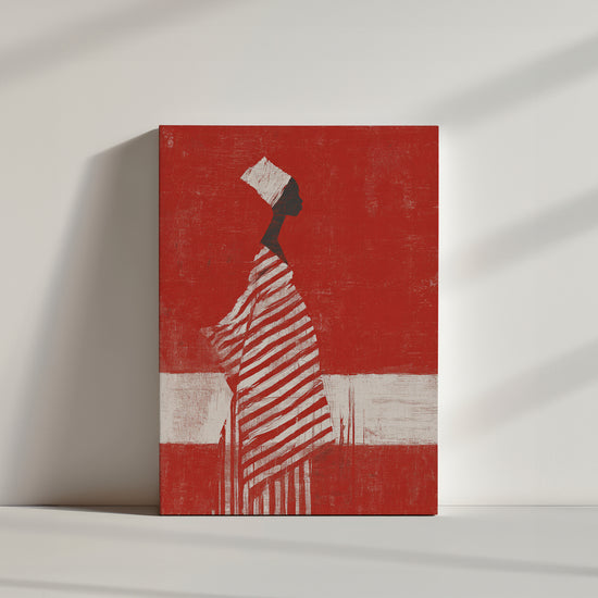 Tableau africain femme élégante turban blanc rouge ambiance minimaliste toile posée au sol