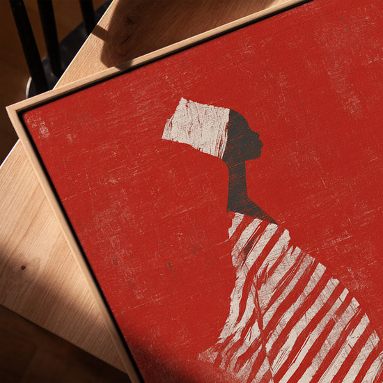 Tableau africain femme élégante turban blanc rouge décoration salon moderne cadre chêne doré