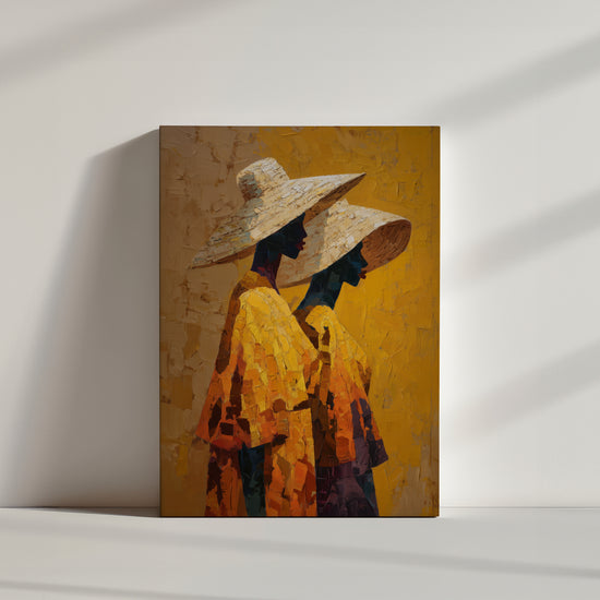 Tableau africain deux femmes chapeaux paille tons jaunes orangés dans ambiance minimaliste lumineuse