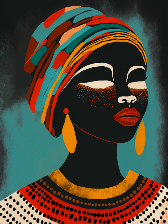 tableau femme africaine, couleurs chaudes, style vectoriel, motifs ethniques