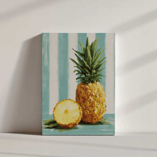 Peinture d'ananas sur fond de rayures turquoise, style exotique et lumineux pour cuisine moderne