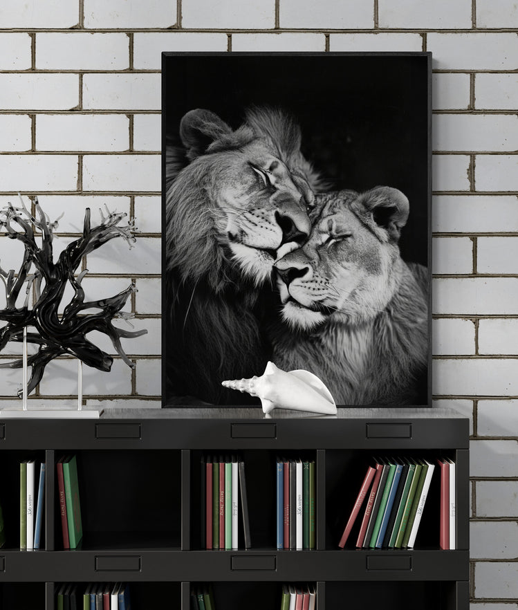 Tableau noir et blanc de lions affectueux au-dessus d'un meuble bibliothèque