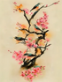 tableaux d'hirondelles au printemps perché dans un cerisier fleurie , technique pastel, peinture chinoise