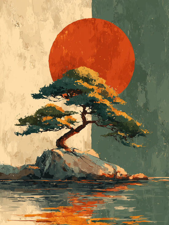 Tableau mural arbre solitaire sur île avec grand cercle rouge, style zen paysage
