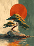 Tableau mural arbre solitaire sur île avec grand cercle rouge, style zen paysage