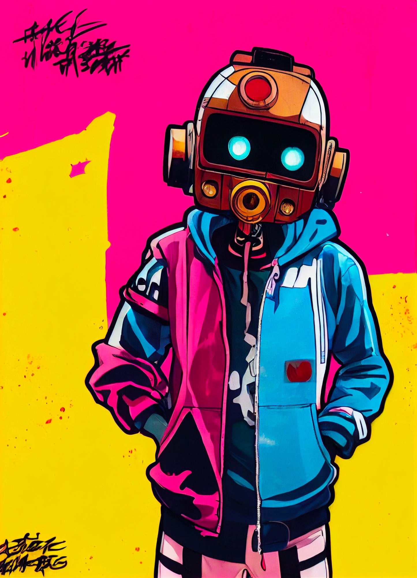 un tableau street art coloré avec un robot old school