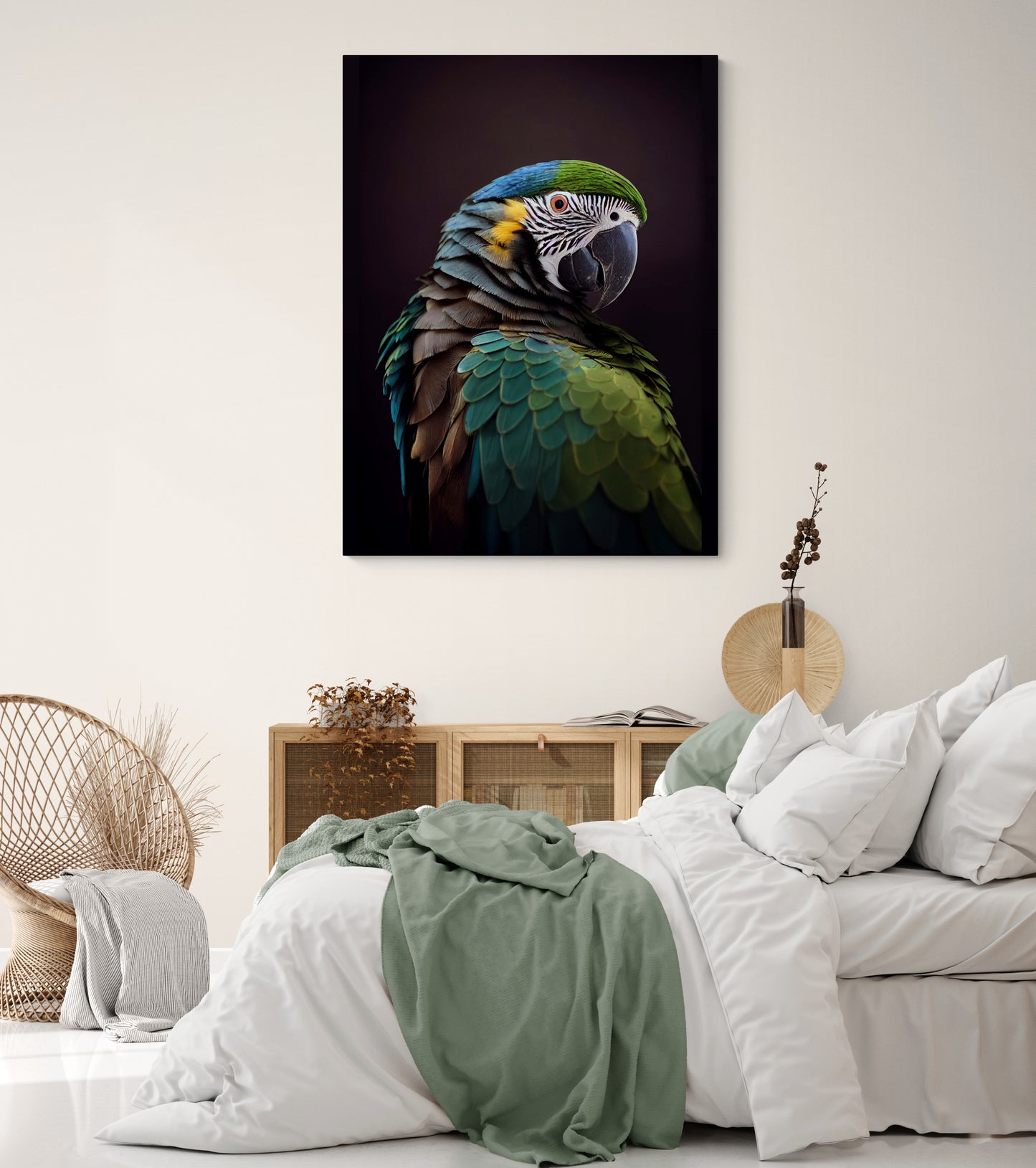Harmonie parfaite entre le tableau perroquet et l'atmosphère cocooning d'une chambre d'adulte.
