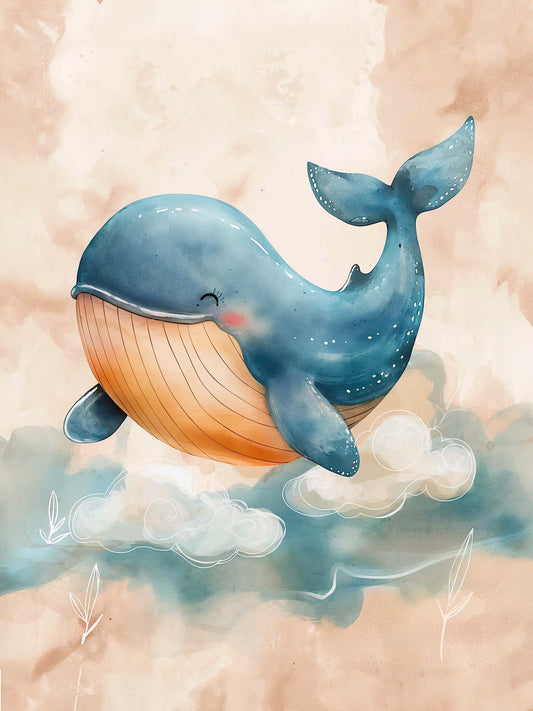 illustration pour enfant , d'une baleine bleue souriante nageant dans les nuages