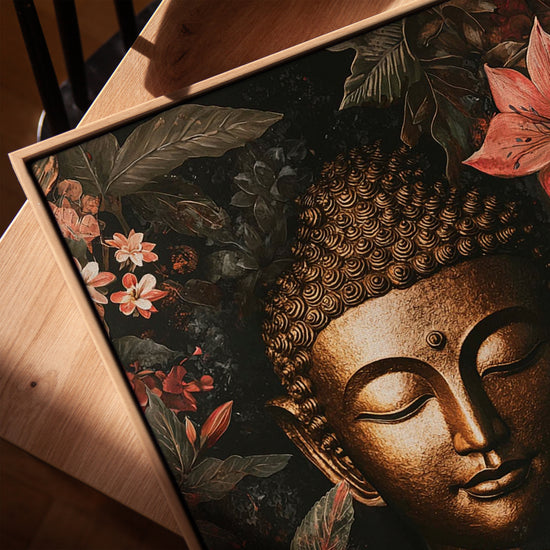 Bouddha doré fleuri tableau pour salon scandinave zen