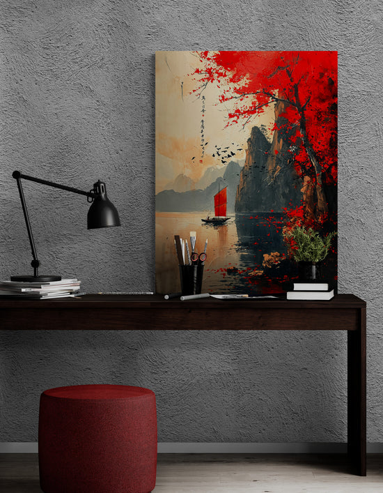 Bureau créatif, tableau paysage rouge, déco murale zen.