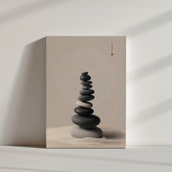 Cairn de galets empilés en équilibre sur sable, style zen, avec un arrière-plan circulaire apaisant