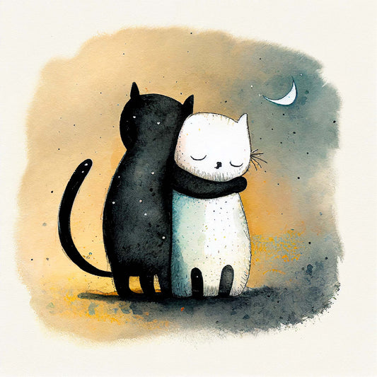 Tableau calins de chat : deux chats adorables en train de se faire un câlin. Un chat noir et un chat blanc