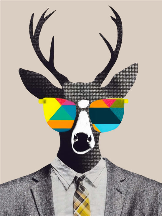 Portrait graphique d’un cerf en costume gris avec cravate jaune Collage vintage pop-art. Surréaliste. Néo-dado. Il porte des lunettes géométriques aux couleurs vives. Le fond beige met en valeur le contraste entre le style pointillé de la tête et le réalisme du costume.