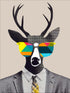 Portrait graphique d’un cerf en costume gris avec cravate jaune Collage vintage pop-art. Surréaliste. Néo-dado. Il porte des lunettes géométriques aux couleurs vives. Le fond beige met en valeur le contraste entre le style pointillé de la tête et le réalisme du costume.