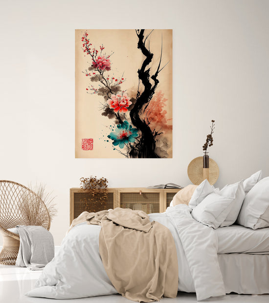 tableau pour chambre adulte, art de la calligraphie japonais, fleurs rose, peinture à l'encre, stylisé