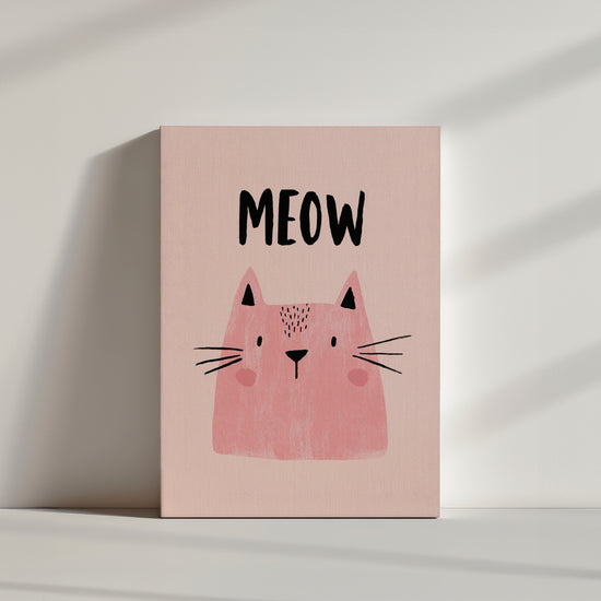 Tableau chambre fillette chat rose MEOW fond beige ambiance minimaliste épurée lumineuse