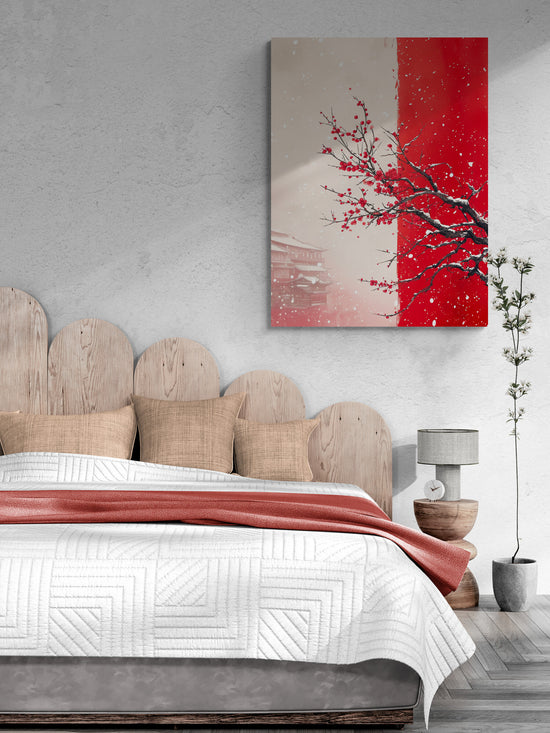 Chambre cosy, tableau mural cerisier rouge, ambiance zen japonaise