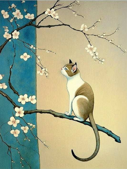 Tableau japonais, chat sur cerisier, fond bleu et beige