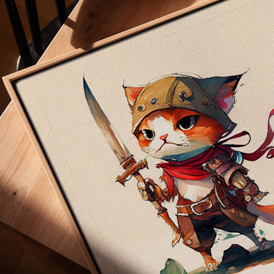 Tableau chat pirate aventurier avec sabre pour salon scandinave