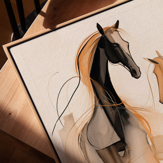 Cheval abstrait noir doré tableau sur toile pour bureau minimaliste