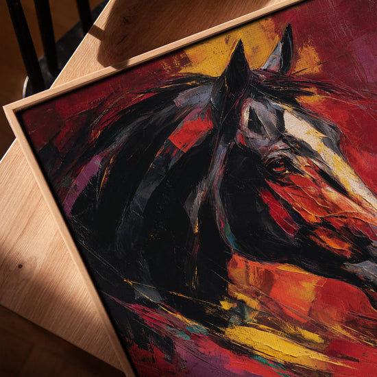 Tableau cheval expressionniste rouge jaune noir avec cadre chêne doré posé sur table salon moderne