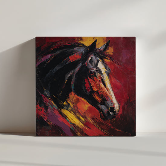 Tableau cheval expressionniste rouge jaune noir dans ambiance minimaliste mur blanc sol épuré