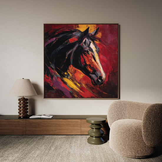 Tableau cheval expressionniste rouge jaune noir décoration murale salon moderne
