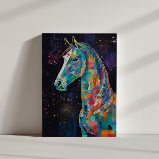Œuvres d'art mettant en vedette un cheval et un ciel nocturne, créées avec des techniques pop art et kirigami, couleurs audacieuses et vibrantes, des formes et des textures dynamiques un style abstrait et expressif,