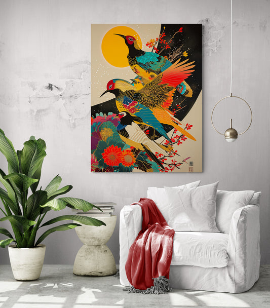 Tableau japonais coloré, oiseaux vibrants, déco salon moderne.