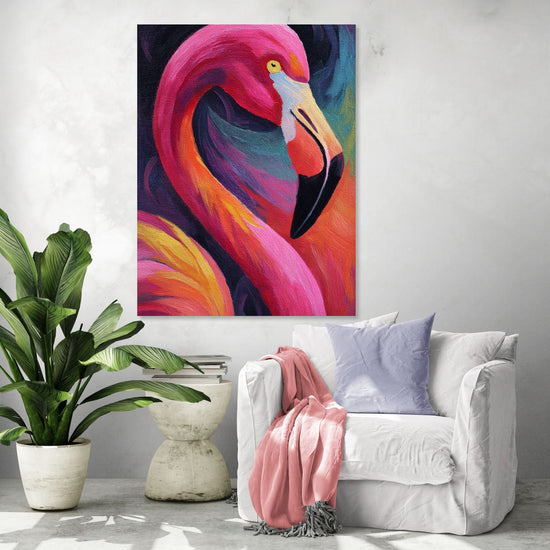 Tableau mural coloré d'un flamant rose vibrant, style contemporain pour une ambiance exotique et chaleureuse