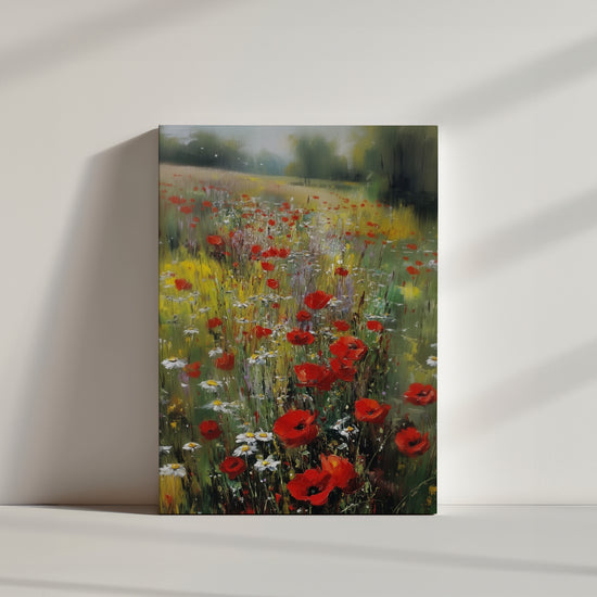 Champ coloré de coquelicots et marguerites dans un paysage impressionniste vibrant et naturel