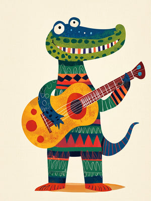 Illustration d’un crocodile debout, coloré et souriant, jouant de la guitare. Il est vêtu d’un costume bariolé aux motifs géométriques rouges, verts et bleus. Son large sourire laisse apparaître des dents rayées colorées. L’arrière-plan est uni et beige, mettant en valeur la vivacité du personnage.