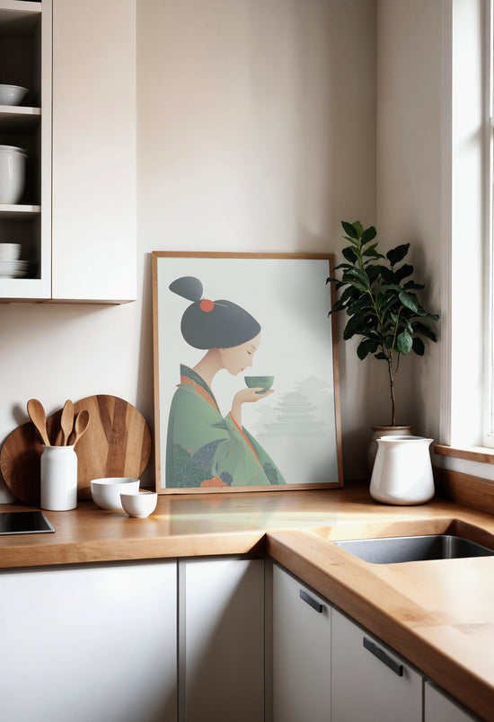 Décoration de cuisine avec un tableau japonais représentant une geisha en kimono vert buvant une tasse de thé, posé sur un plan de travail moderne avec accessoires culinaires et oranges fraîches.