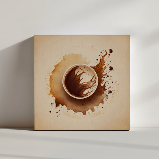 Tableau cuisine, aux couleurs légères, mélange de marron et de beige. Ambiance calme et apaisante, au style minimaliste. Une tasse de café, symbolisant la routine, est mise en contraste avec l'expression de mouvement et de désordre de l'aquarelle.