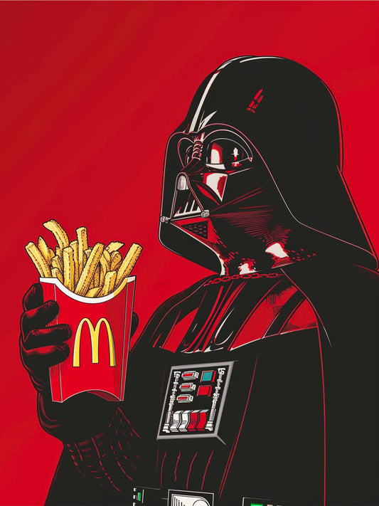 Personnage Dark Vador tient frites McDonald's, armure noire et casque rouge